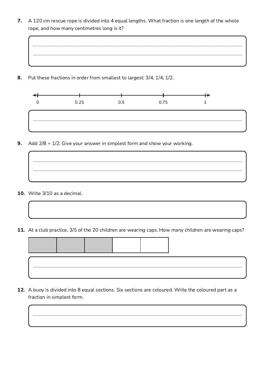 Written fraction problems set around a surf lifesaving club, including ordering, adding, decimals, and fractions of amounts.