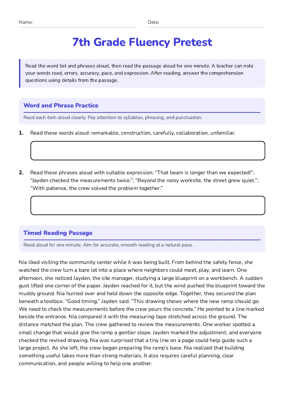 Fluency word and phrase practice featuring construction-related vocabulary.
