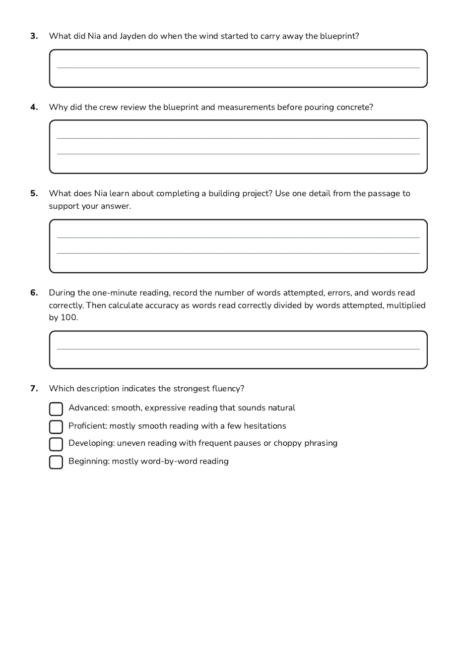 One-minute passage about Nia helping a crew check a community-center ramp plan, followed by comprehension and fluency assessment questions.