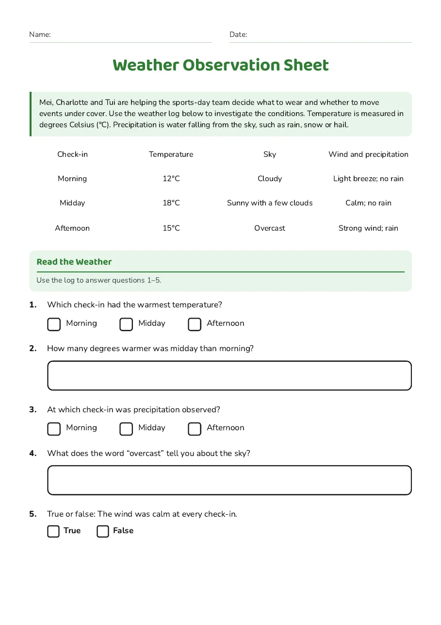 Weather Observation Sheet, page 1 of 2: Read the Weather