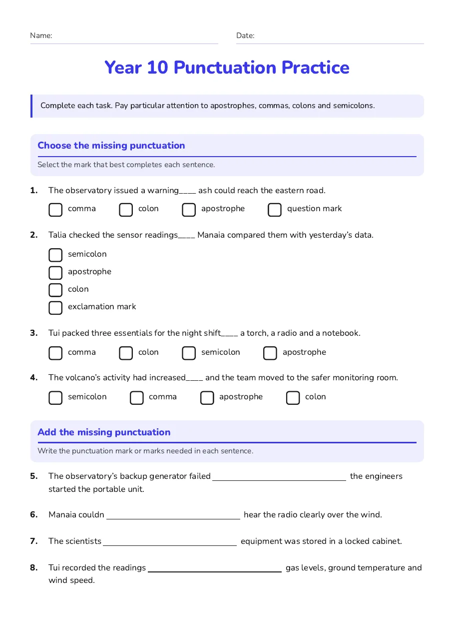 Year 10 Punctuation Practice, page 1 of 3: Choose the missing punctuation, Add the missing punctuation
