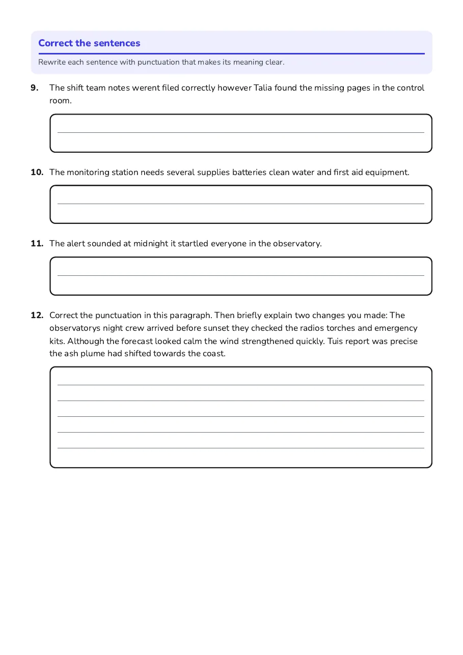 Year 10 Punctuation Practice, page 2 of 3: Correct the sentences