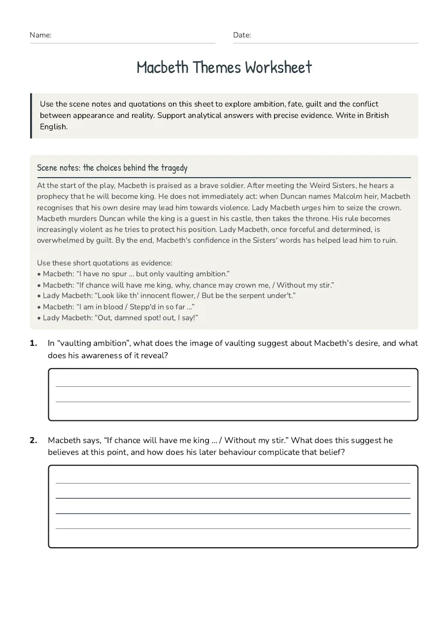 Macbeth Themes Worksheet, page 1 of 3: Scene notes: the choices behind the tragedy