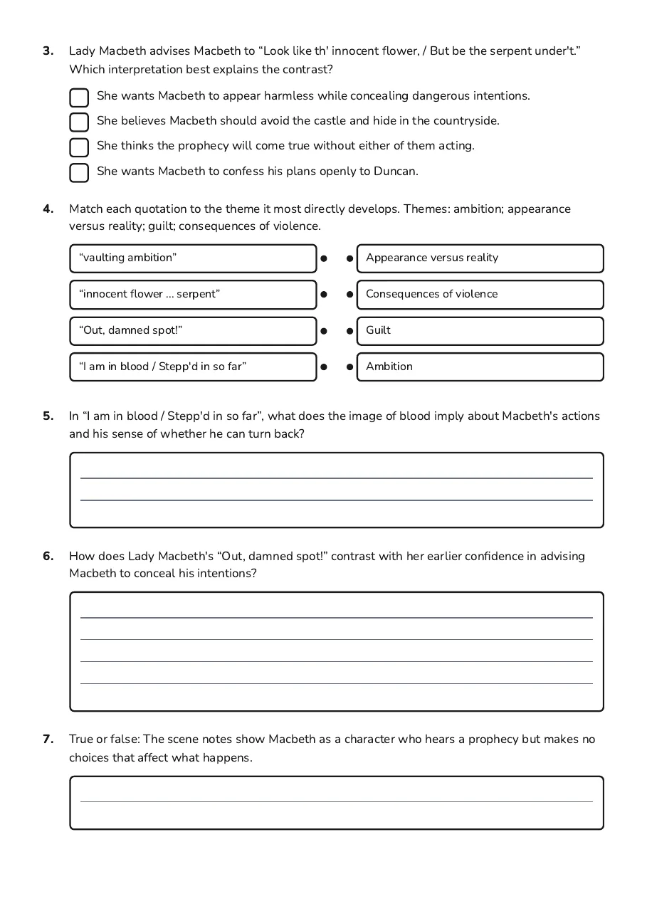 Macbeth Themes Worksheet, page 2 of 3: 3. Lady Macbeth advises Macbeth to “Look like th' innocent flower, / But be the serpent…