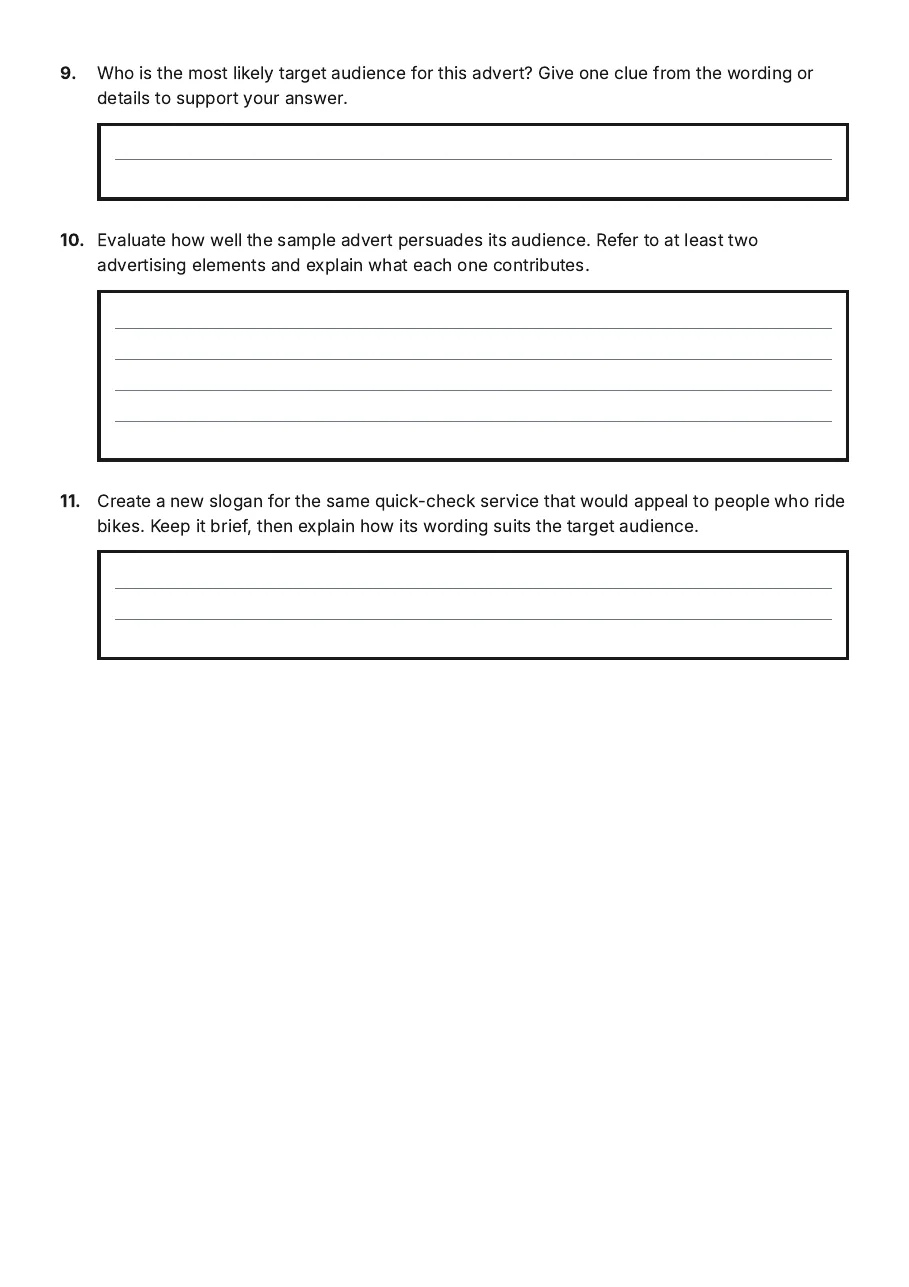 Advertising Elements Overview, page 3 of 3: 9. Who is the most likely target audience for this advert? Give one clue from the wording…