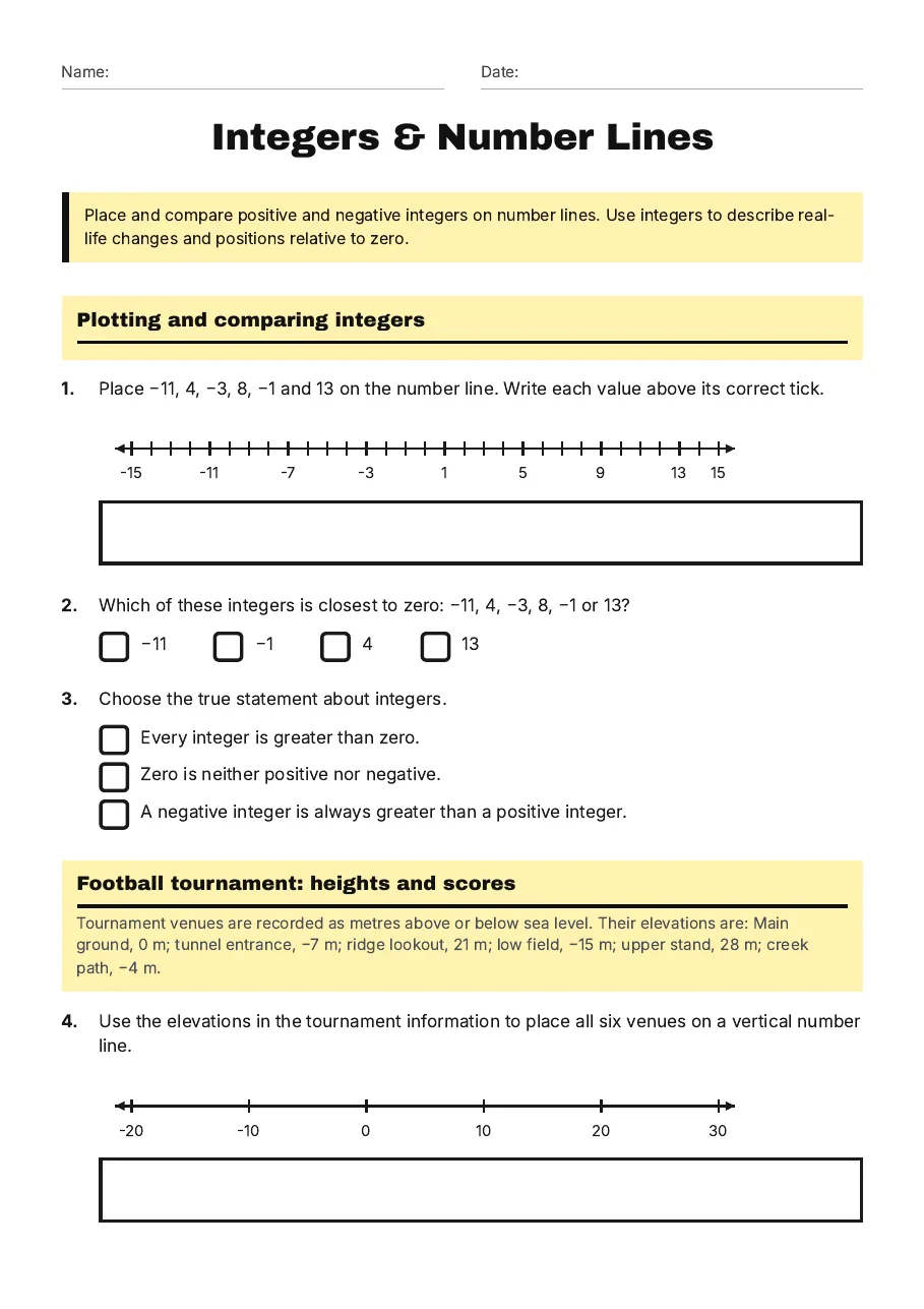Integers & Number Lines, page 1 of 3: Plotting and comparing integers, Football tournament: heights and scores