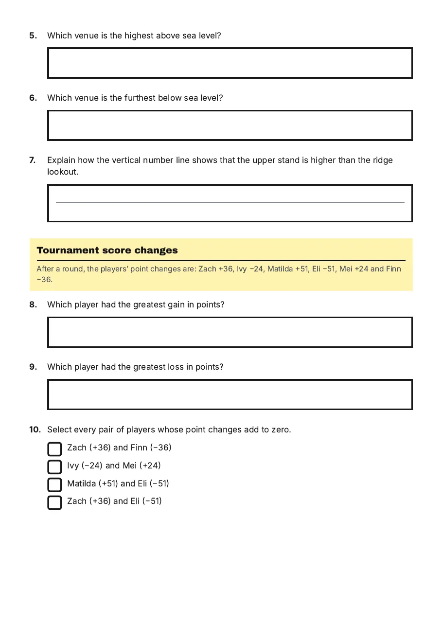 Integers & Number Lines, page 2 of 3: Tournament score changes