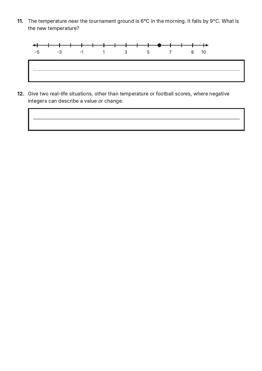 Integers & Number Lines, page 3 of 3: 11. The temperature near the tournament ground is 6°C in the morning. It falls by 9°C.…
