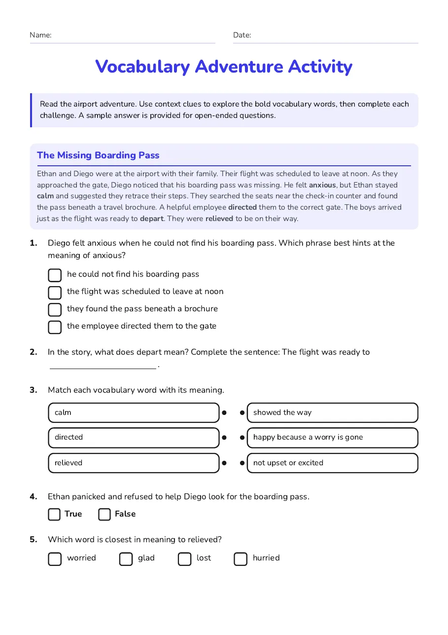 Vocabulary Adventure Activity, page 1 of 2: The Missing Boarding Pass