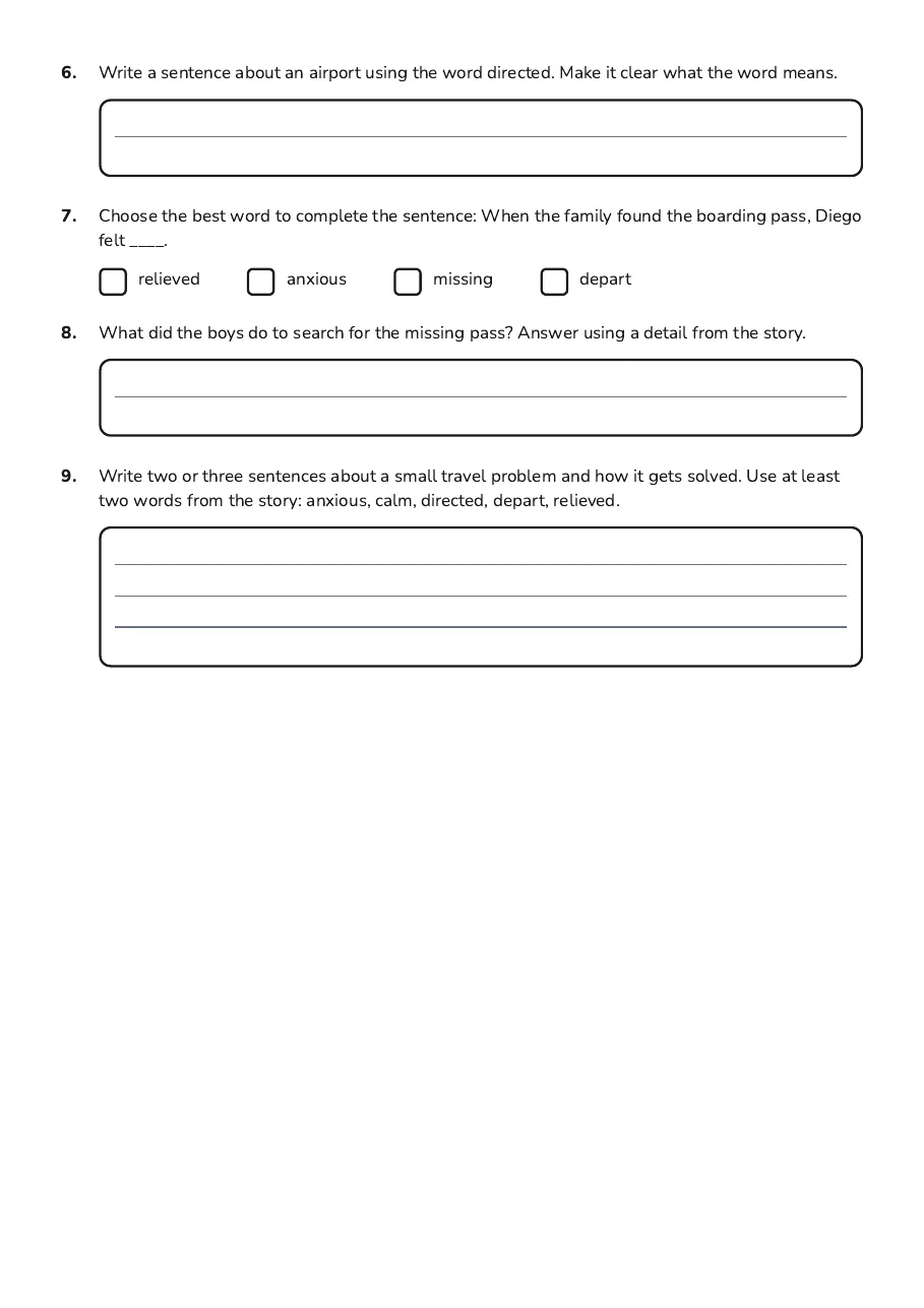 Vocabulary Adventure Activity, page 2 of 2: 6. Write a sentence about an airport using the word directed. Make it clear what the word…