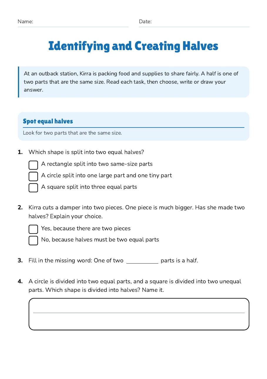 Identifying and Creating Halves, page 1 of 2: Spot equal halves