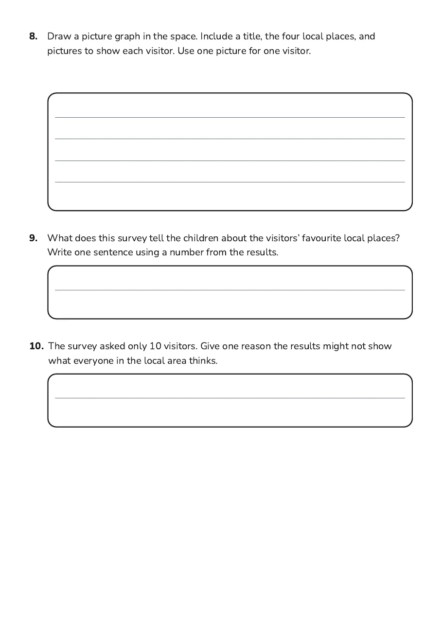 Local Places Data Survey, page 3 of 3: 8. Draw a picture graph in the space. Include a title, the four local places, and