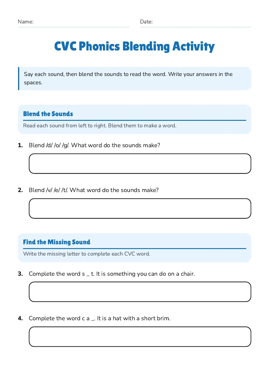 CVC Phonics Blending Activity, page 1 of 2: Blend the Sounds, Find the Missing Sound
