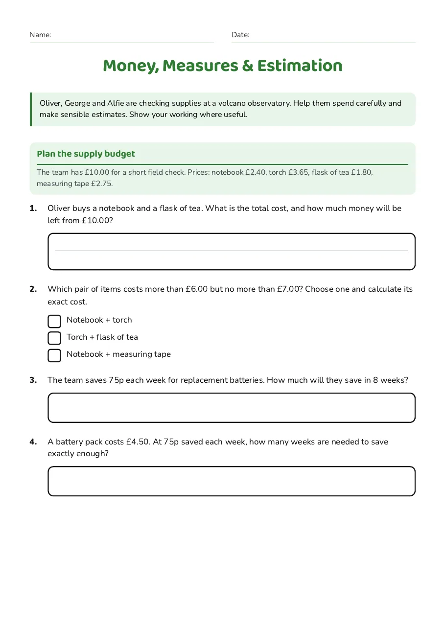 Money, Measures & Estimation, page 1 of 3: Plan the supply budget