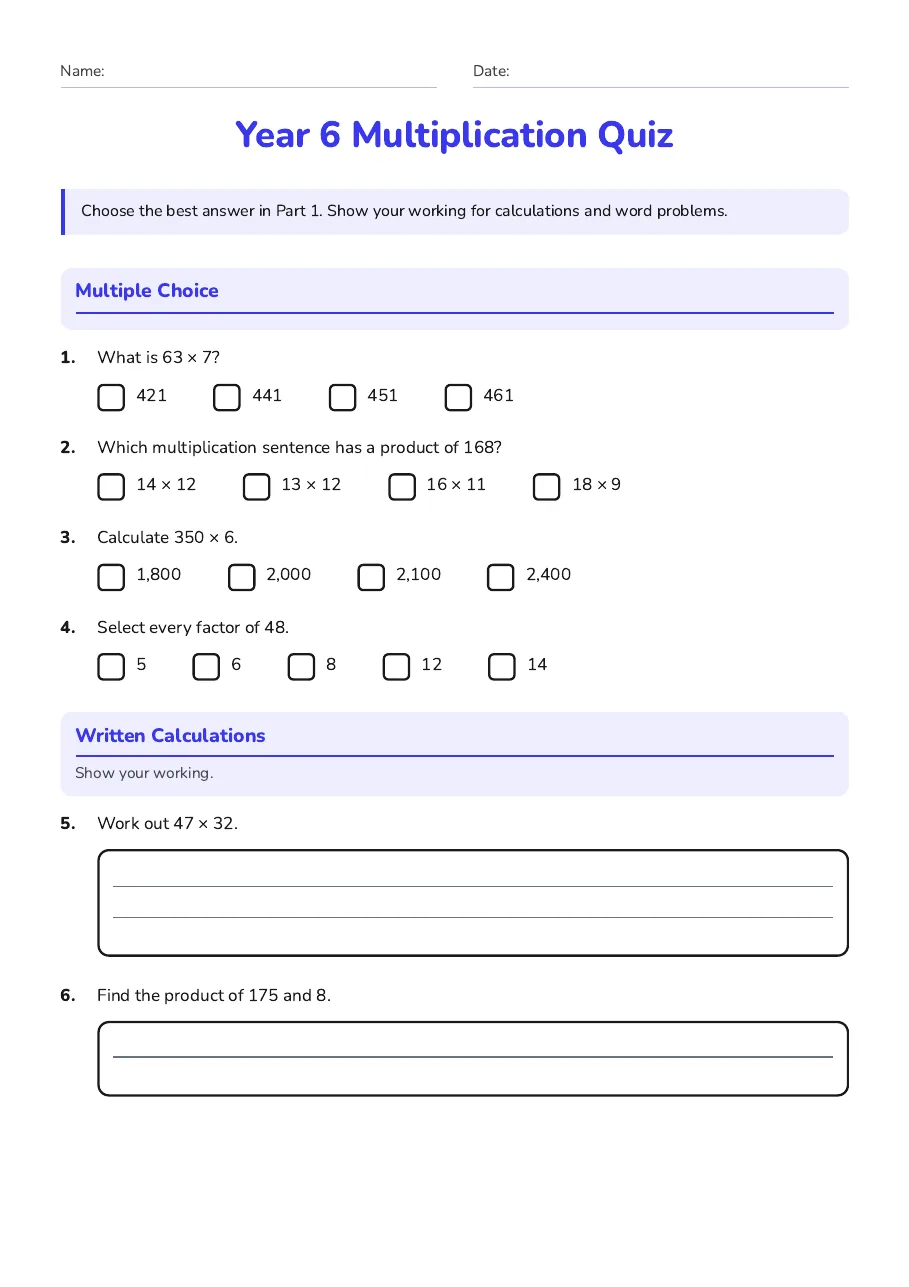 Year 6 Multiplication Quiz, page 1 of 2: Multiple Choice, Written Calculations