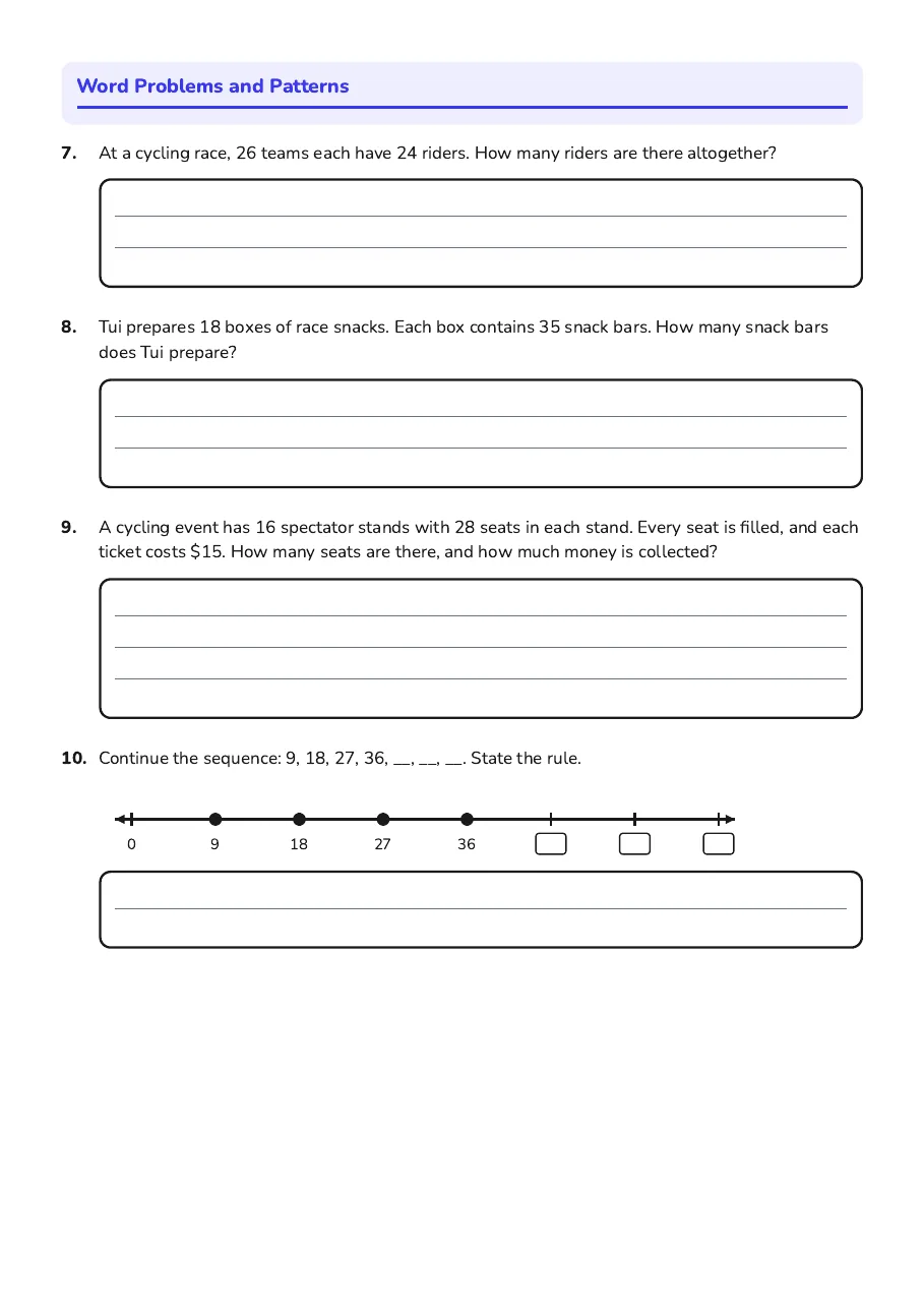 Year 6 Multiplication Quiz, page 2 of 2: Word Problems and Patterns