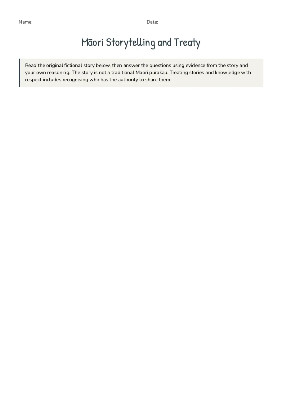 Māori Storytelling and Treaty, page 1 of 4: Read the original fictional story below, then answer the questions using evidence from…