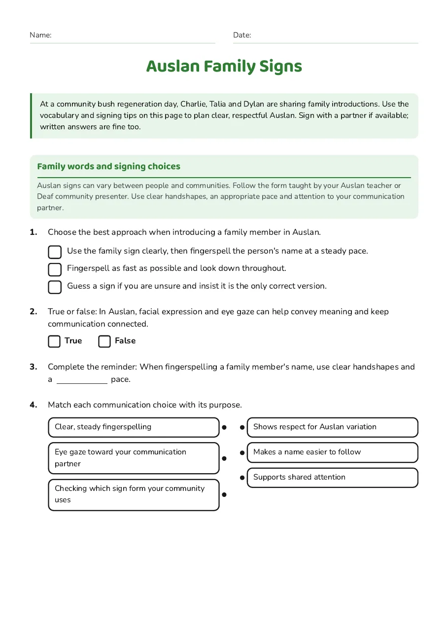Auslan Family Signs, page 1 of 3: Family words and signing choices