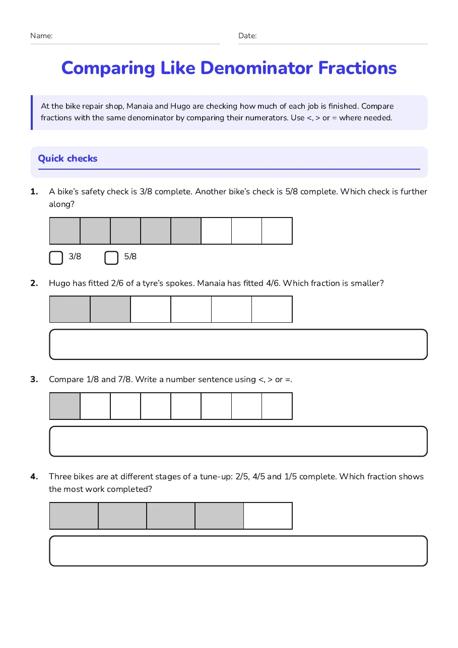 Comparing Like Denominator Fractions, page 1 of 3: Quick checks