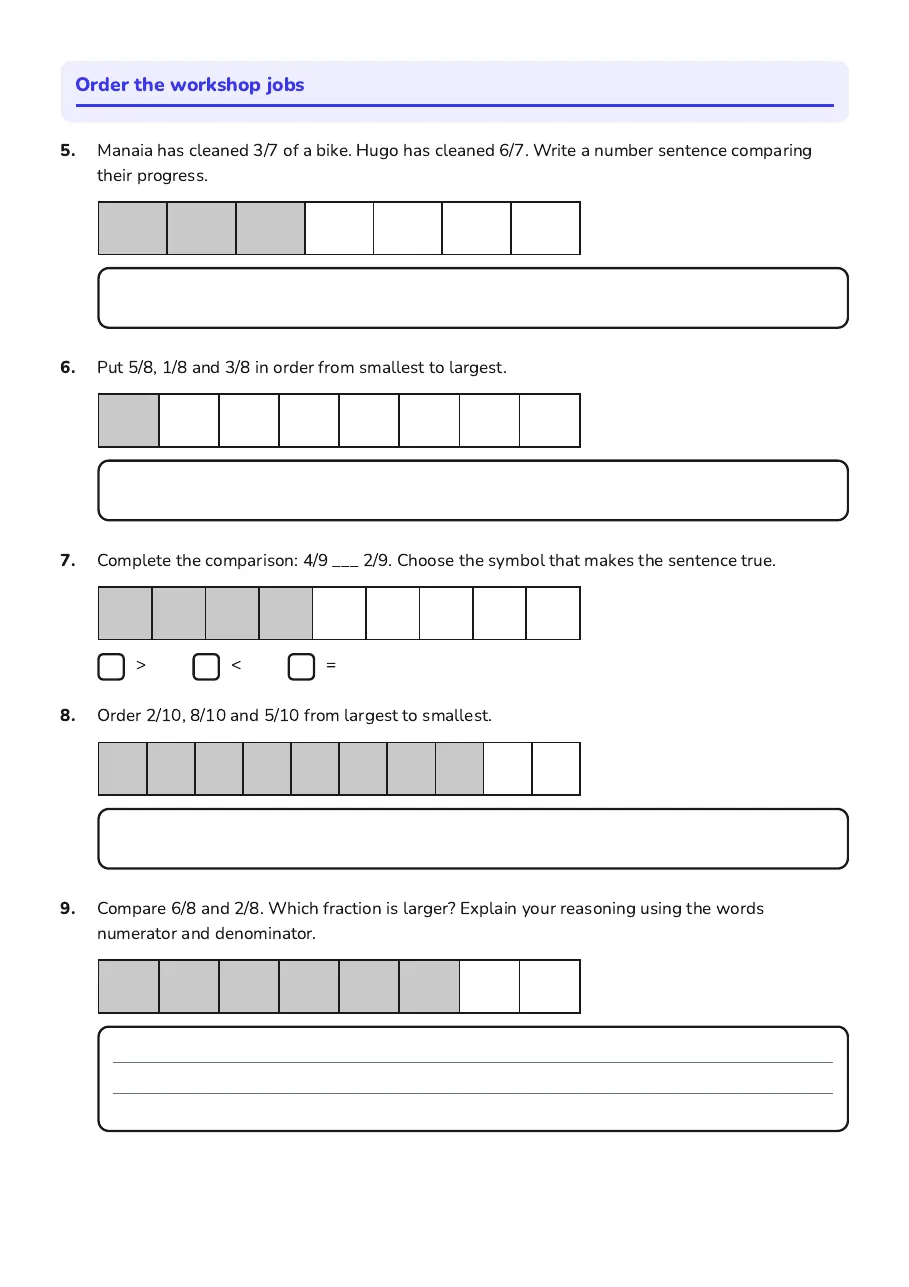 Comparing Like Denominator Fractions, page 2 of 3: Order the workshop jobs