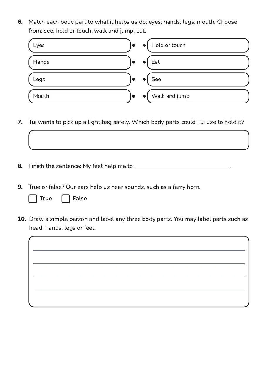 My Body Parts, page 2 of 3: 6. Match each body part to what it helps us do: eyes; hands; legs; mouth. Choose