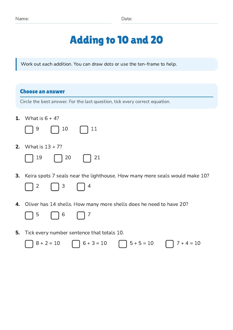 Adding to 10 and 20, page 1 of 2: Choose an answer
