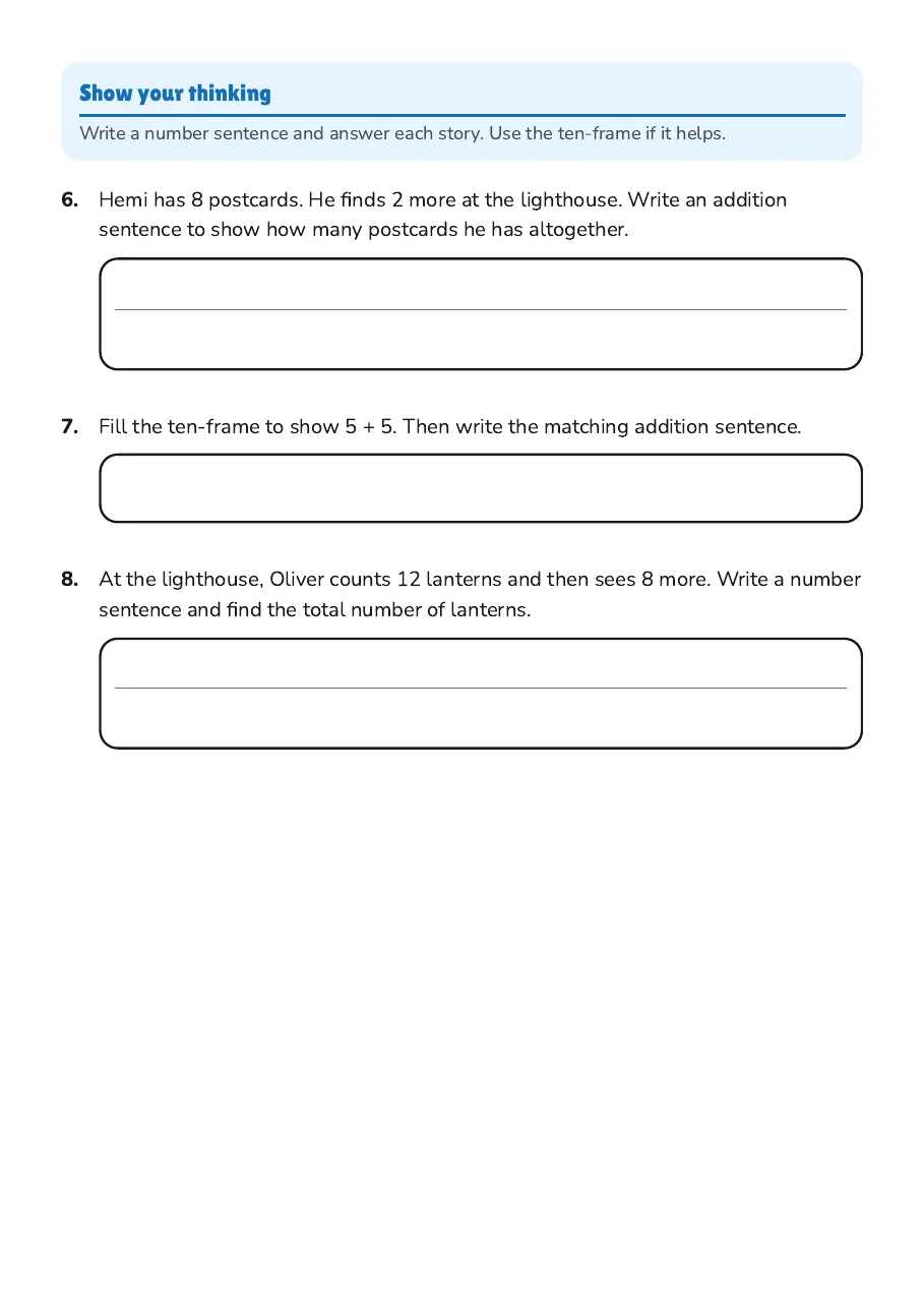 Adding to 10 and 20, page 2 of 2: Show your thinking