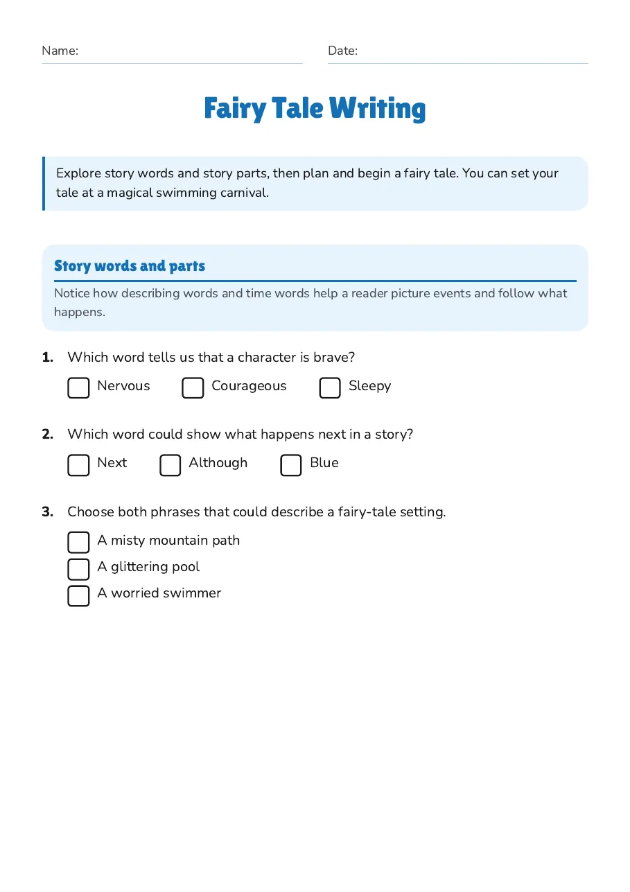 Fairy Tale Writing, page 1 of 3: Story words and parts