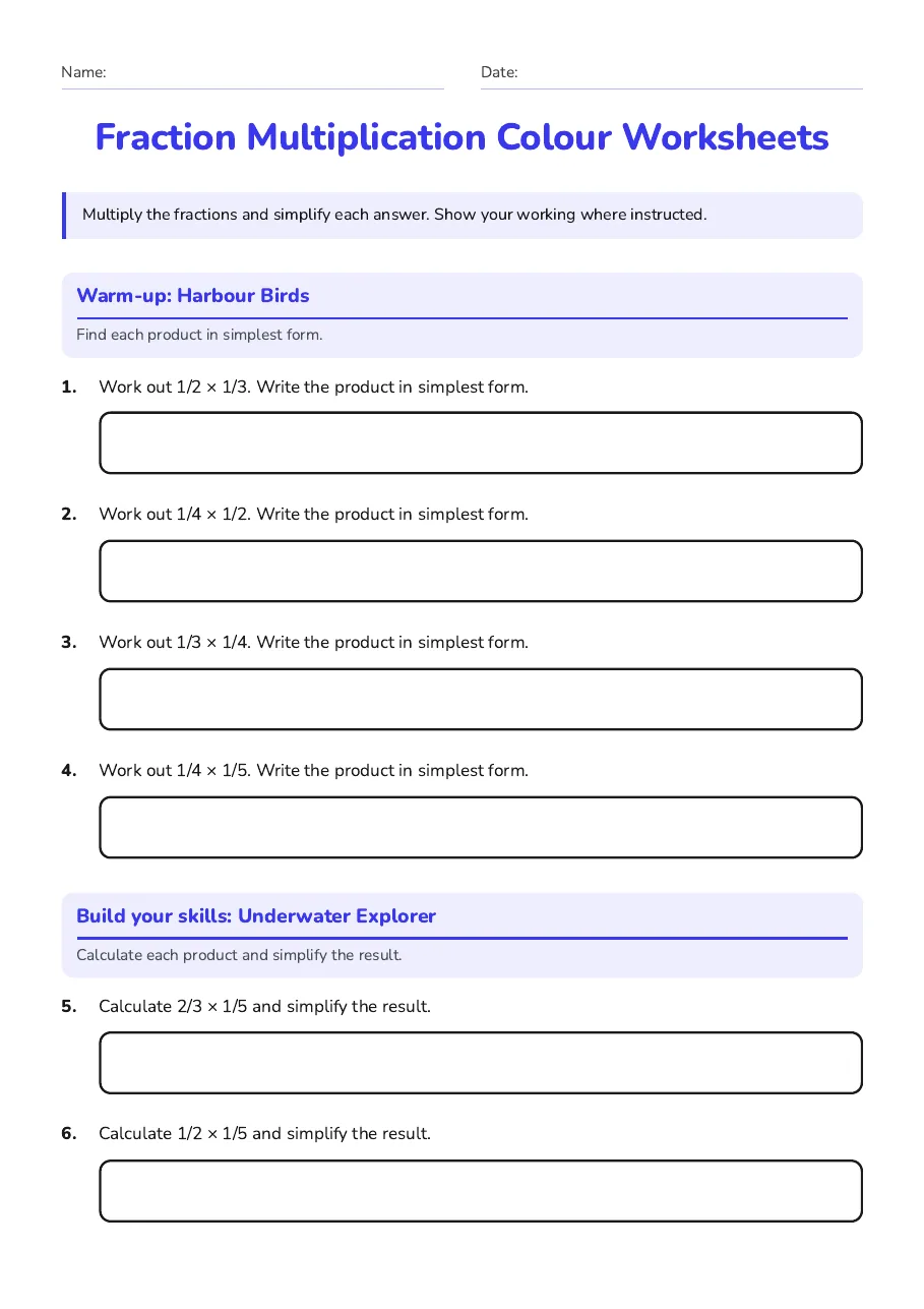 Fraction multiplication warm-up with four simple fraction products.