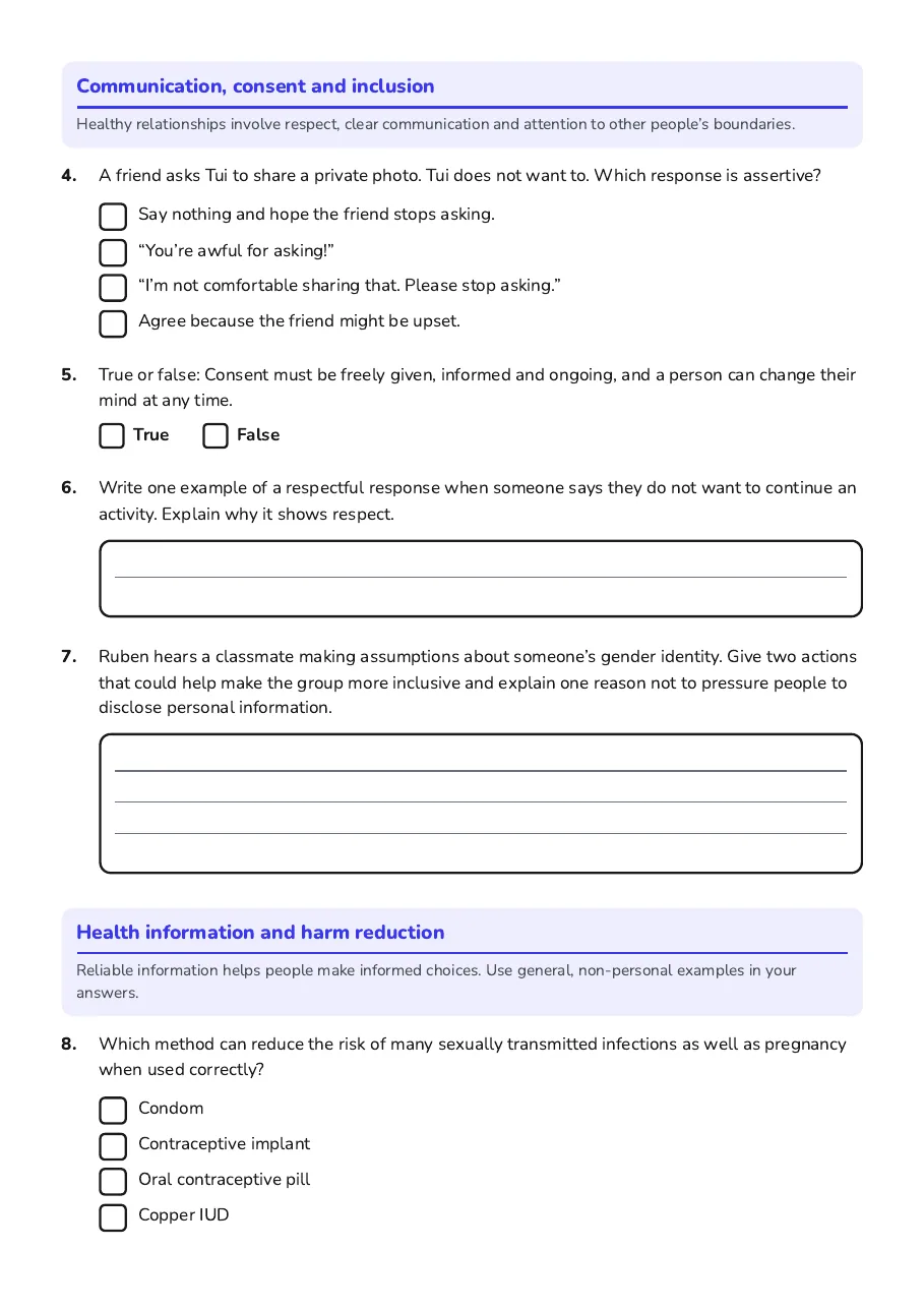 Hauora Health Exam Review, page 2 of 3: Communication, consent and inclusion, Health information and harm reduction