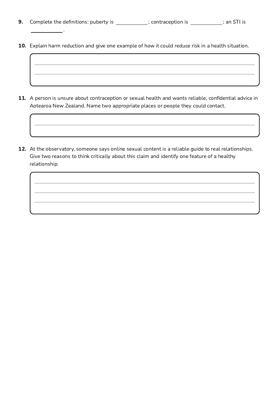 Hauora Health Exam Review, page 3 of 3: 9. Complete the definitions: puberty is ; contraception is ; an STI is