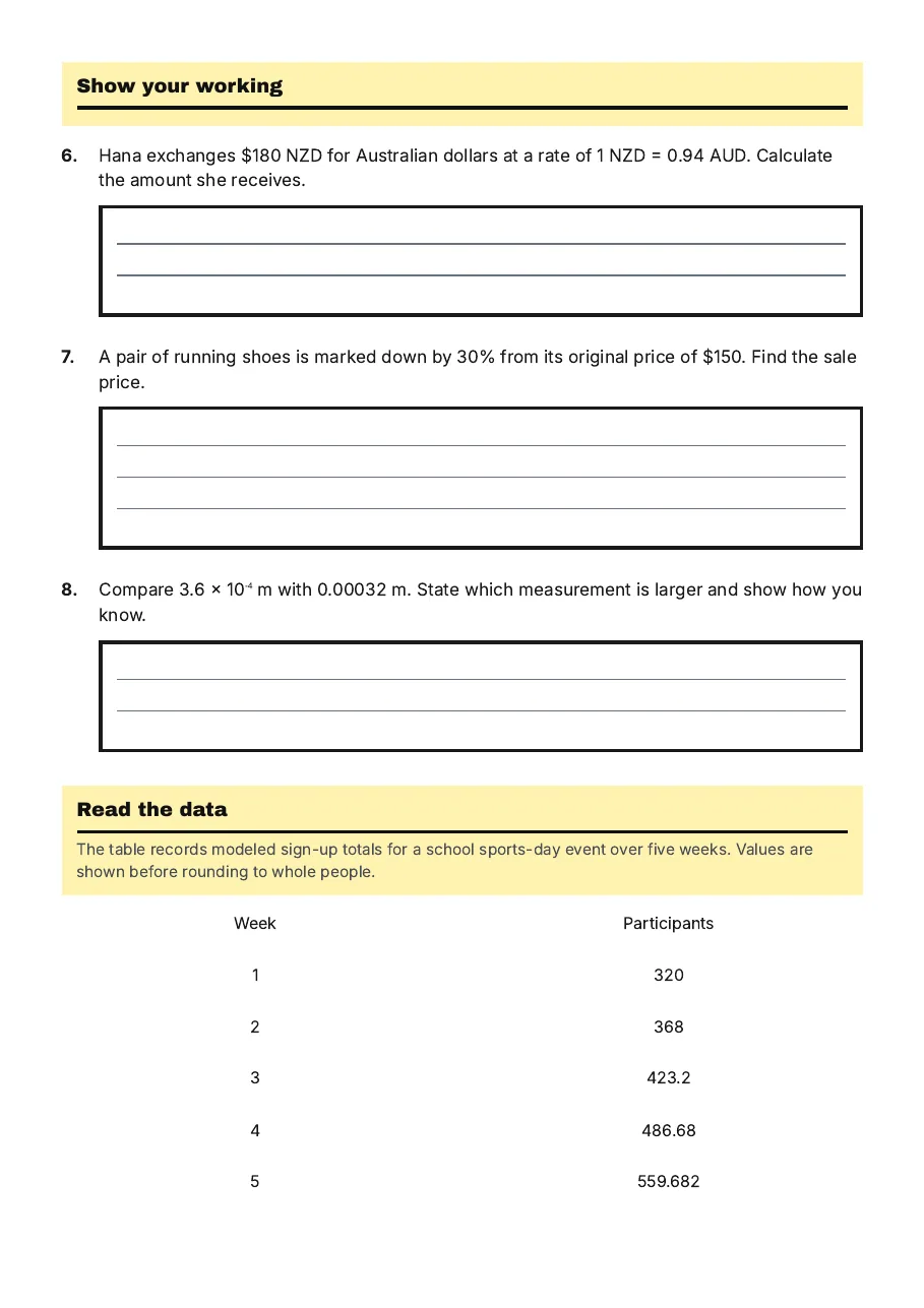 Proportional Reasoning Worksheet, page 2 of 4: Show your working, Read the data