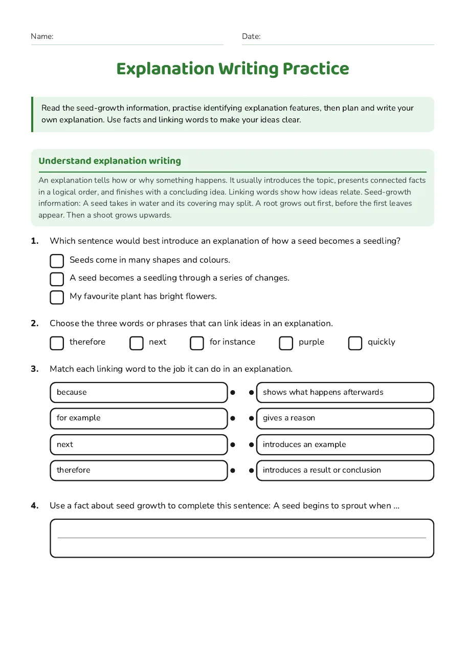 Explanation Writing Practice, page 1 of 3: Understand explanation writing