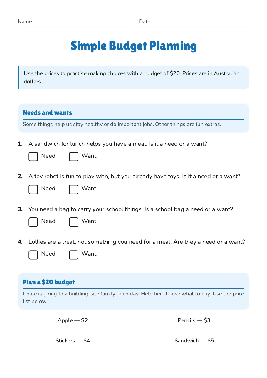 Simple Budget Planning, page 1 of 3: Needs and wants, Plan a $20 budget
