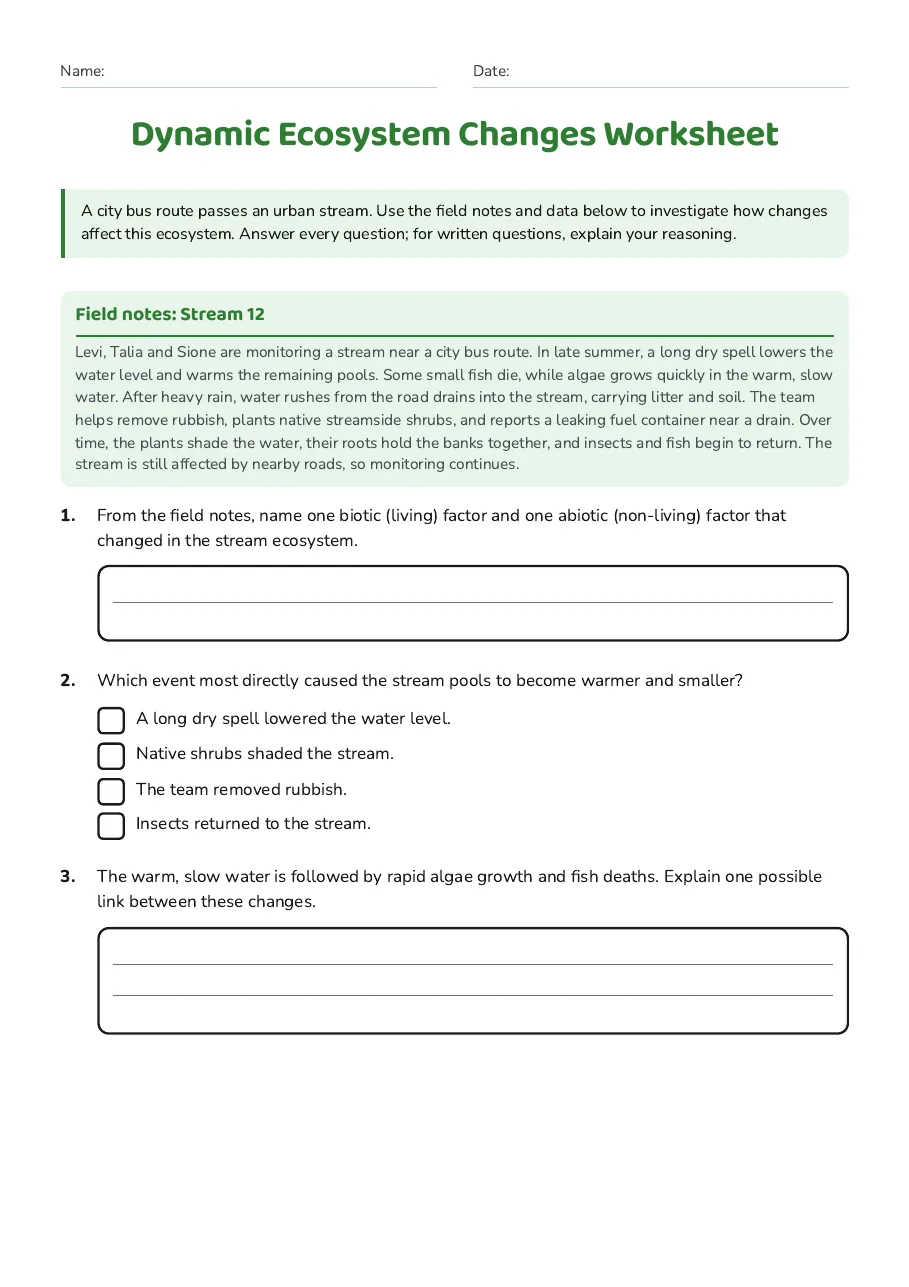 Dynamic Ecosystem Changes Worksheet, page 1 of 3: Field notes: Stream 12