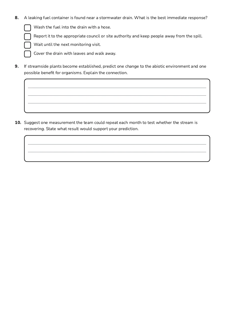 Dynamic Ecosystem Changes Worksheet, page 3 of 3: 8. A leaking fuel container is found near a stormwater drain. What is the best immediate…