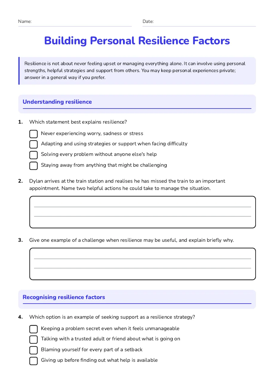 Year 9 worksheet introducing resilience with an illustration of teenagers supporting one another at a train station.