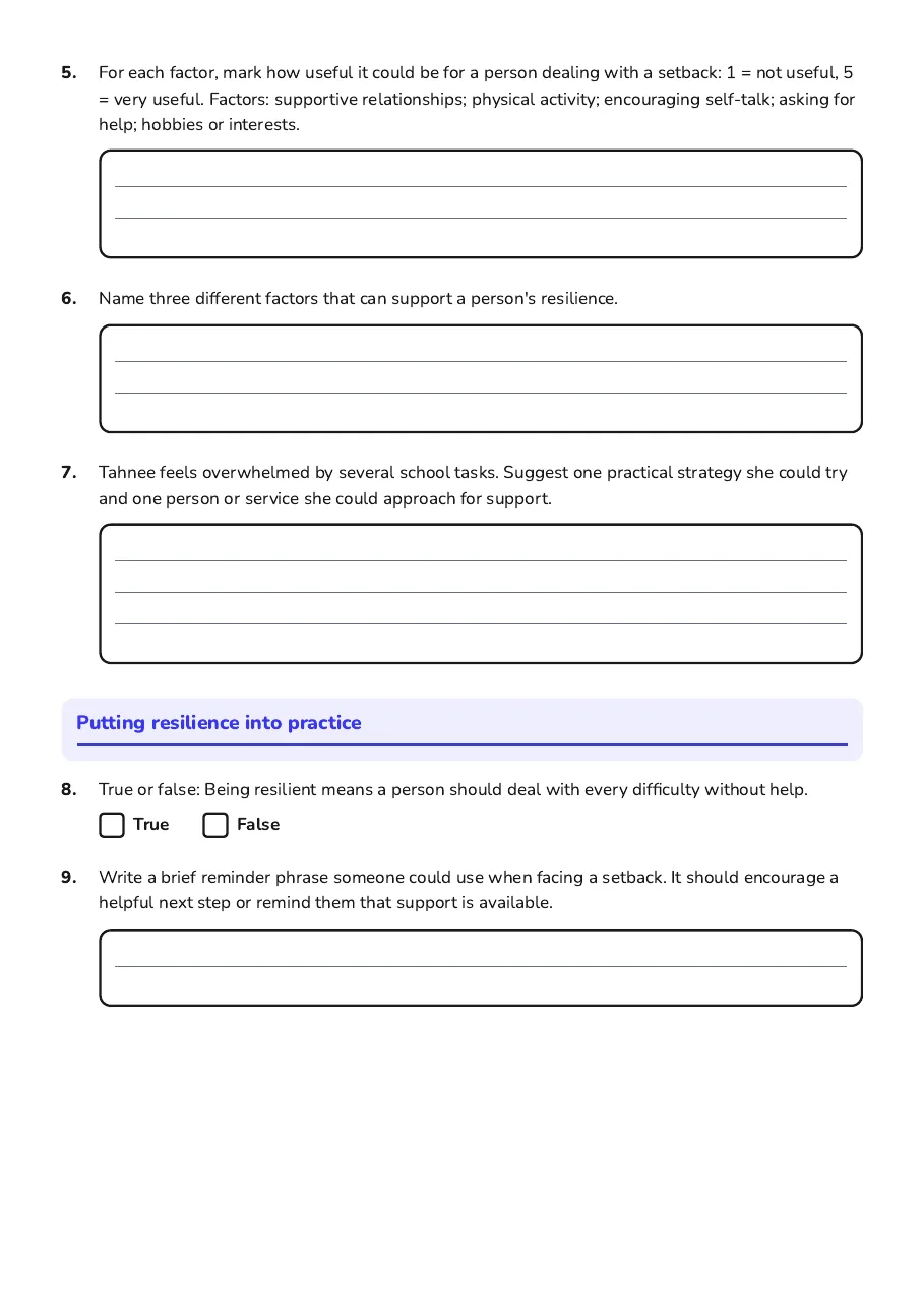 Questions on resilience factors, help-seeking, practical strategies and responding to setbacks.