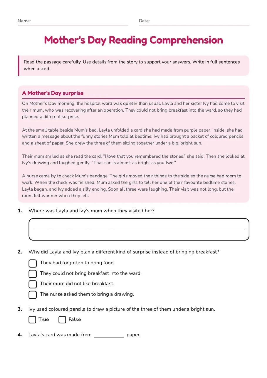Mother's Day Reading Comprehension, page 1 of 2: A Mother's Day surprise