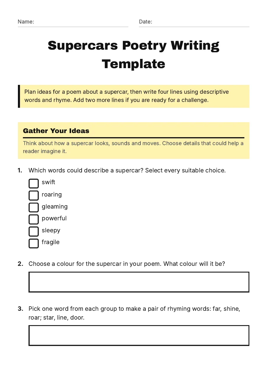 Supercars Poetry Writing Template, page 1 of 3: Gather Your Ideas