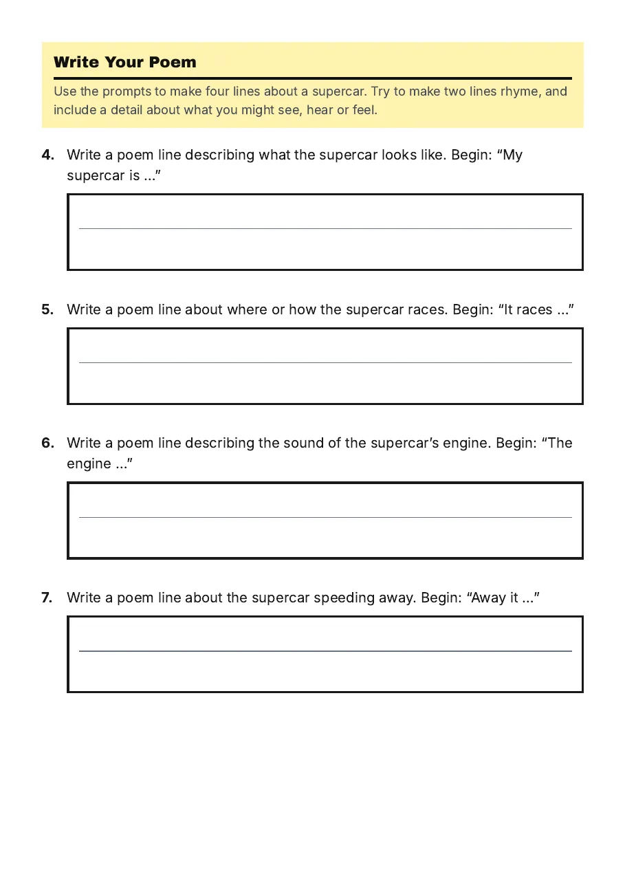 Supercars Poetry Writing Template, page 2 of 3: Write Your Poem