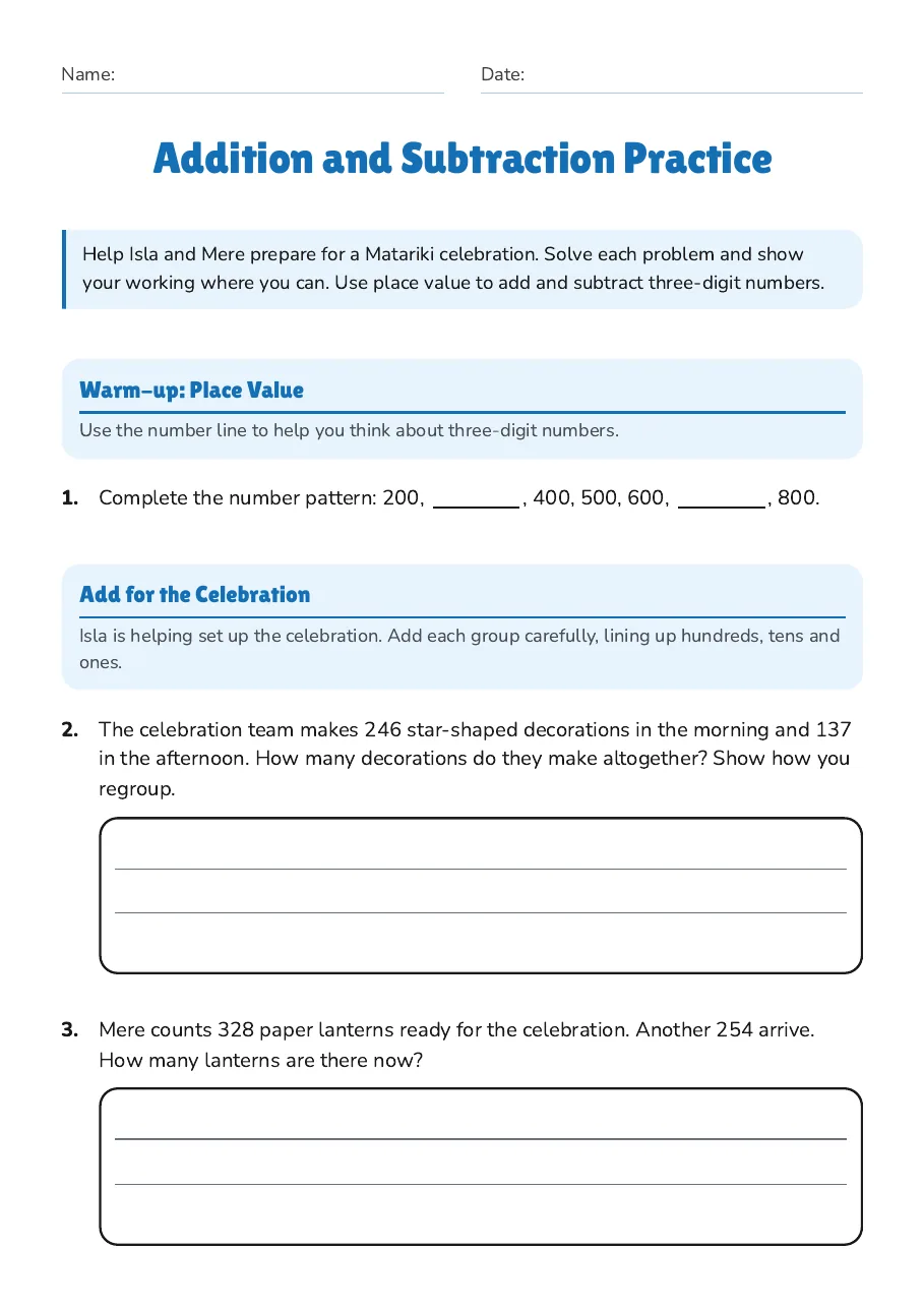 Addition and Subtraction Practice, page 1 of 3: Warm-up: Place Value, Add for the Celebration