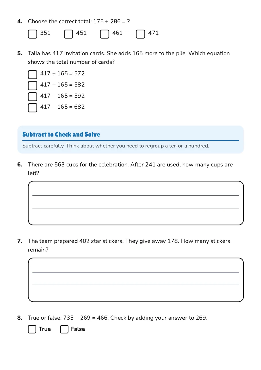 Addition and Subtraction Practice, page 2 of 3: Subtract to Check and Solve