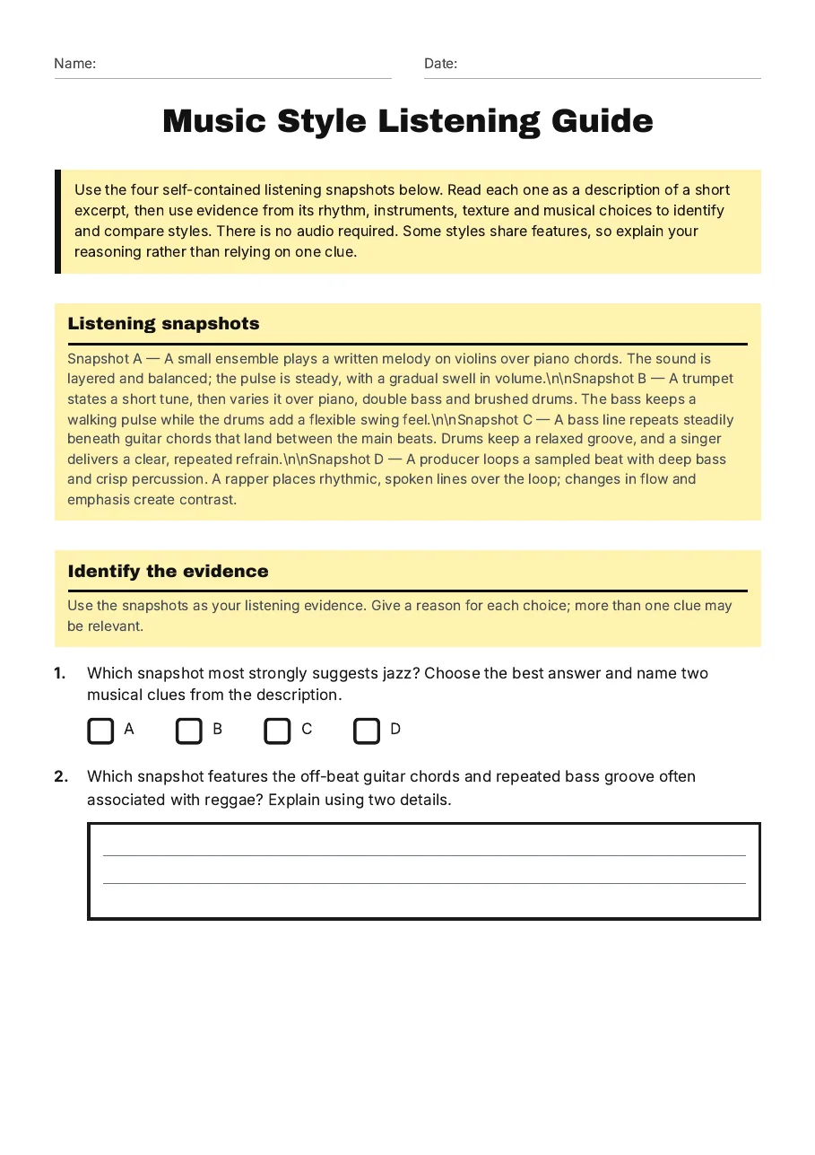 Music Style Listening Guide, page 1 of 3: Listening snapshots, Identify the evidence