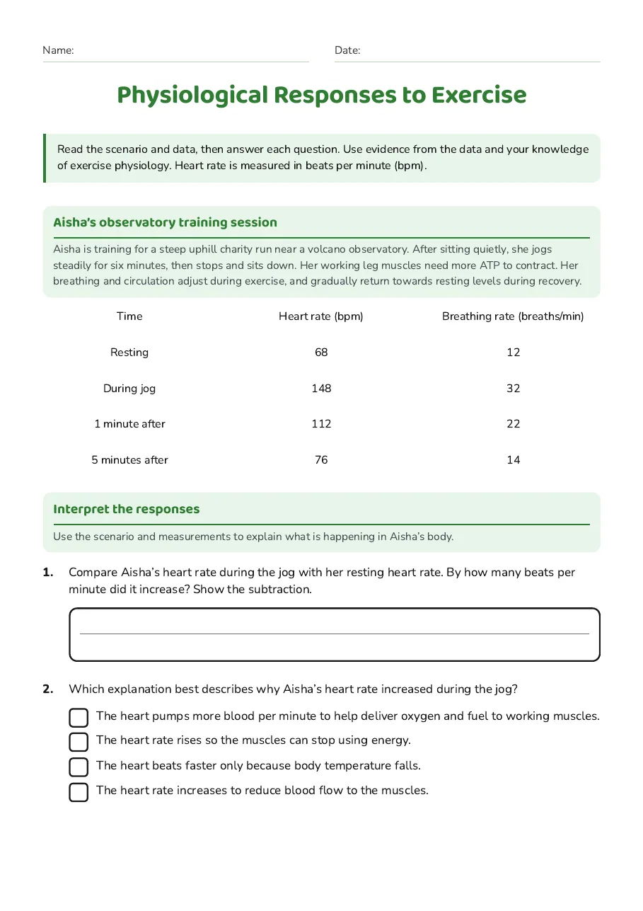 Physiological Responses to Exercise, page 1 of 3: Aisha’s observatory training session, Interpret the responses