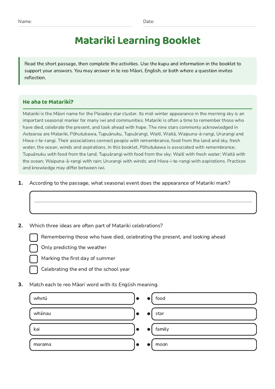 Matariki Learning Booklet, page 1 of 2: He aha te Matariki?