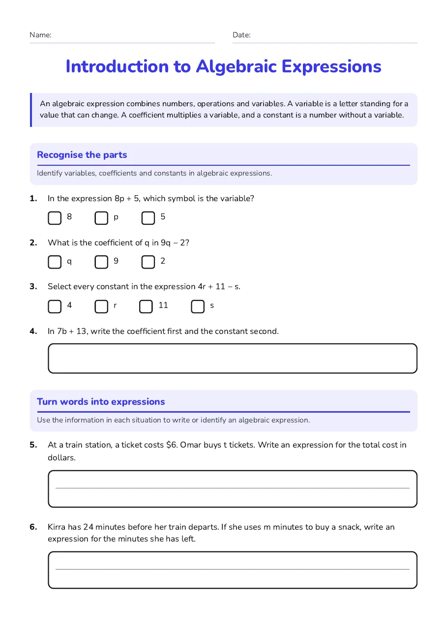 Introduction to Algebraic Expressions, page 1 of 2: Recognise the parts, Turn words into expressions