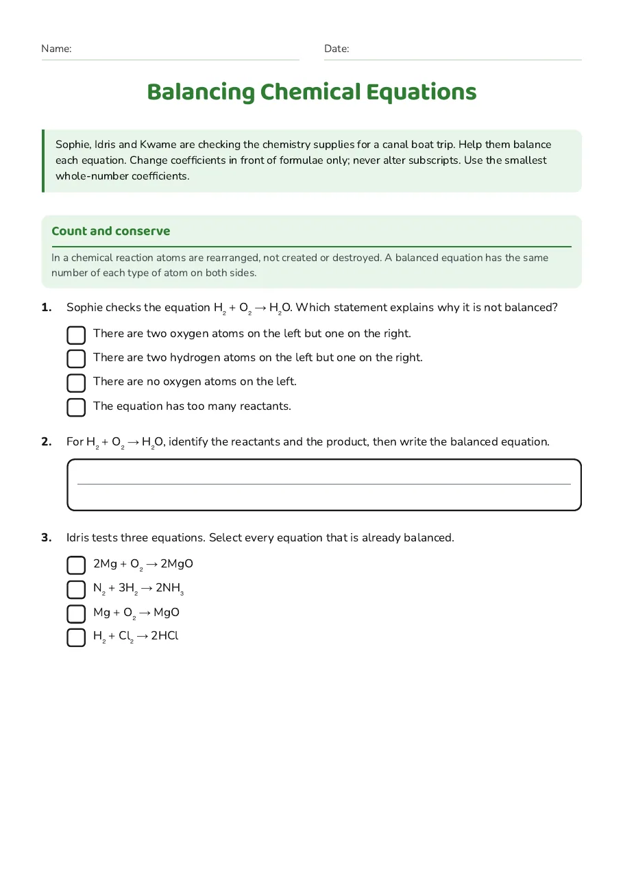 Balancing Chemical Equations, page 1 of 3: Count and conserve