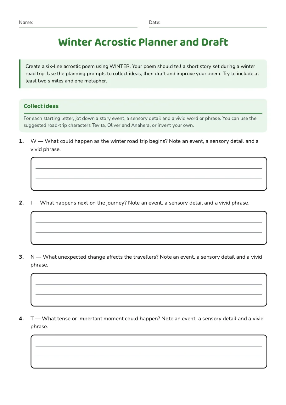Winter Acrostic Planner and Draft, page 1 of 3: Collect ideas