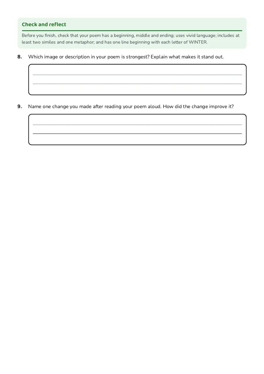 Winter Acrostic Planner and Draft, page 3 of 3: Check and reflect
